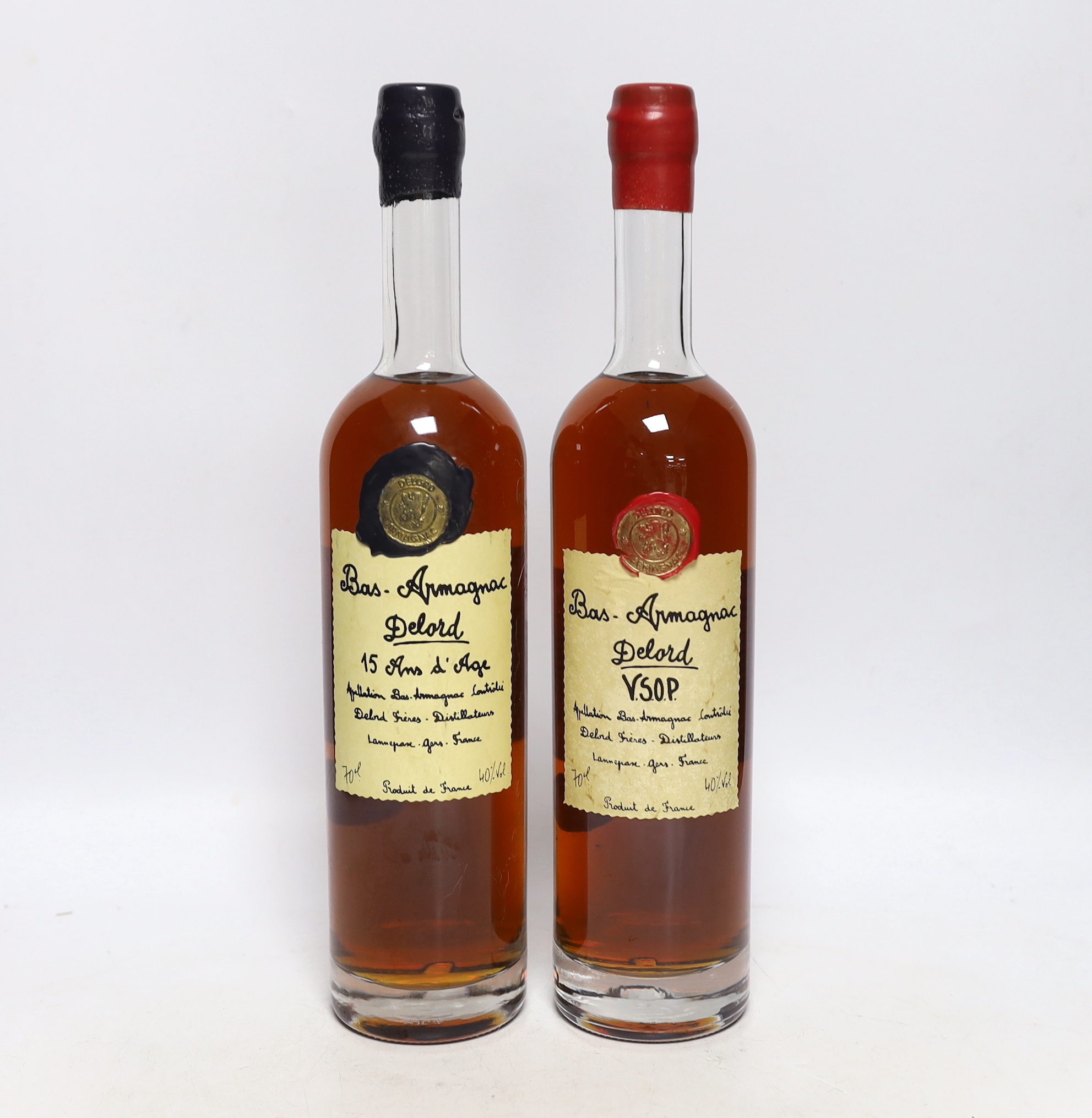 Two bottles of Bas-Armagnac Delord, one VSOP, one 15 year old